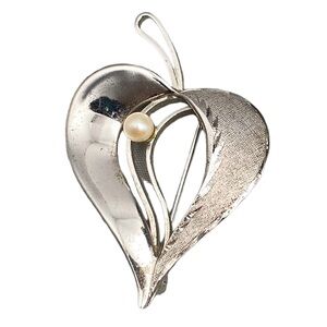 Vintage Curtis Creations signed Signed Sterling Heart Brooch with Faux Pearl